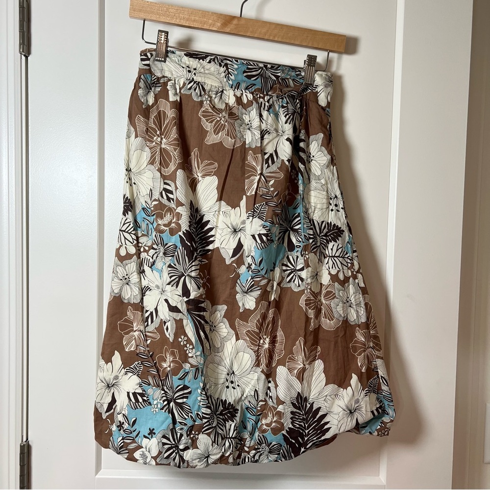 Glam Y2K Vintage Floral Midi Skirt – Brown/White/Blue Tie-Back Strech‎ Bow 🪺